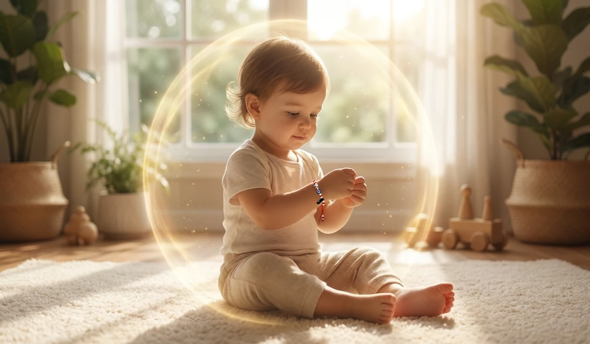 Spiritual Protection Bracelets for Children: A Guide to Safety, Crystals, and Meaning 1 - Buddha Bodhis A child wearing a red string protection bracelet with a symbolic golden aura representing an energetic shield of peace.