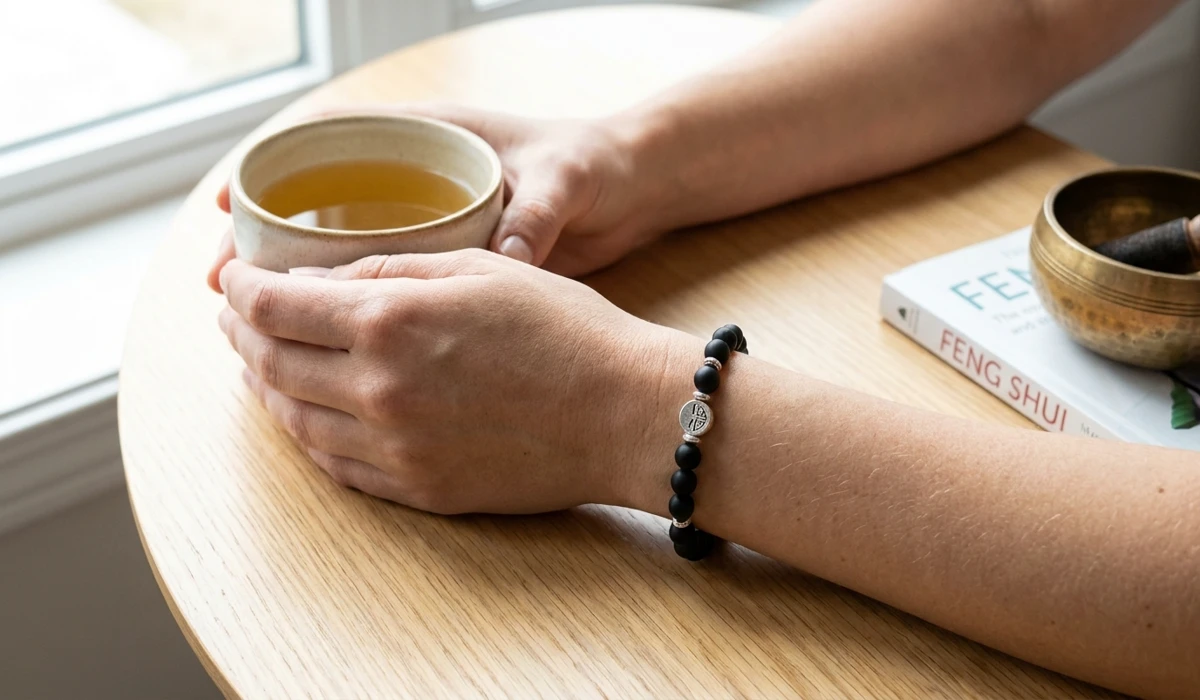 Passing Down Protection: What to Do When a Child Outgrows Their Protection Bracelet 2 - Buddha Bodhis An adult woman wearing a resized obsidian protection bracelet on her left hand for spiritual receiving.