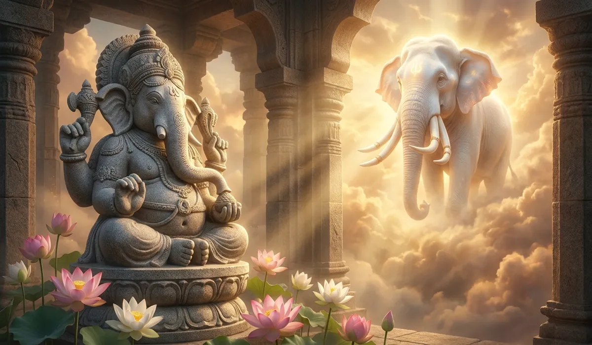 The Elephant as a Guardian of Wisdom: Spiritual Meanings and Home Decor Placement - Buddha Bodhis Ancient stone sculpture of Lord Ganesha and a celestial white elephant in a mystical temple setting, symbolizing divine wisdom and purity.