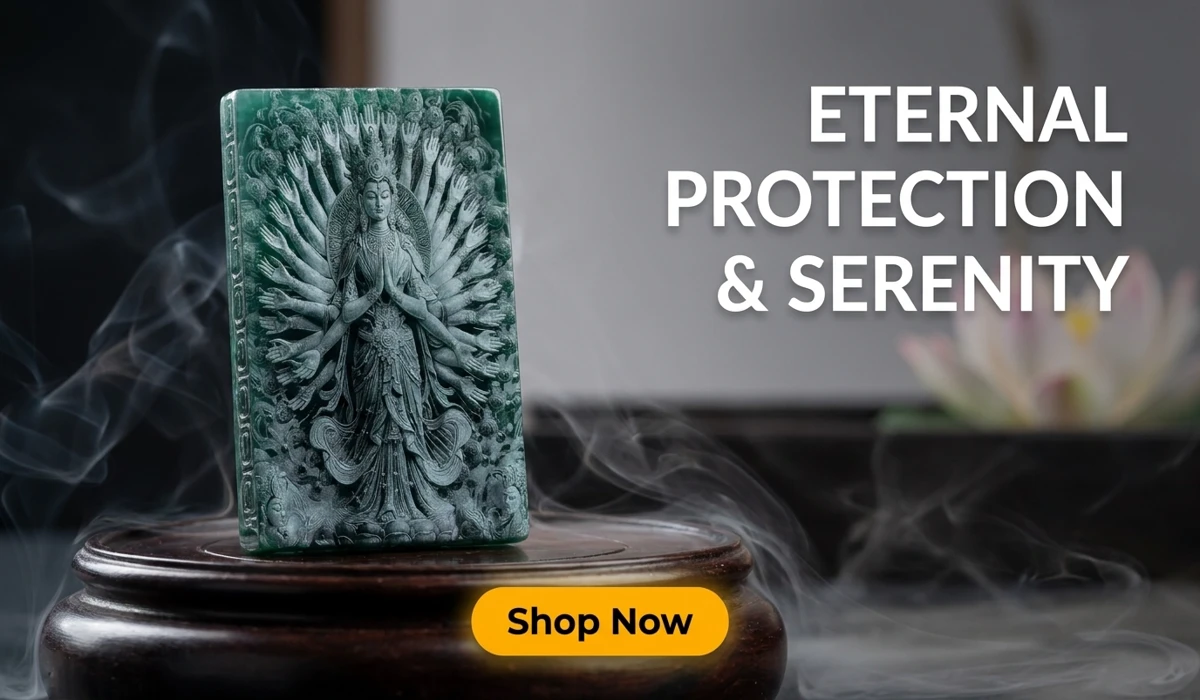A Guide to Buddha Hand Gestures: The Meaning of Sacred Mudras 3 - Buddha Bodhis Natural Blue Aura Jadeite Thousand-Hand Kwan Yin & Dragon Pendant for Eternal Protection, high-end spiritual jade jewelry