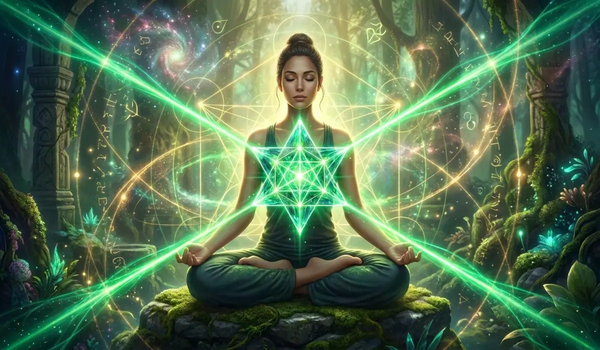 How to Use the Star of David as a Focal Point for Meditation 4 - Buddha Bodhis A meditation visual showing a practitioner activating their heart chakra and Merkaba using the Star of David as a geometric focal point.