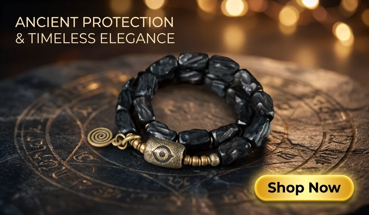 Passing Down Protection: What to Do When a Child Outgrows Their Protection Bracelet 3 - Buddha Bodhis Hand-carved Ebony Evil Eye Bracelet with vintage brass protection amulet on a premium dark background with a Shop Now button.