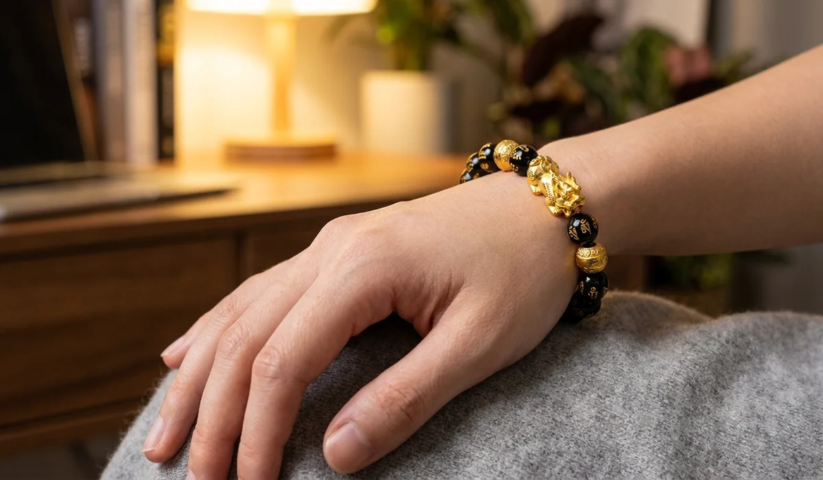The Meaning and Benefits of the Pixiu Black Obsidian Bracelet 3 - Buddha Bodhis Close-up of a person wearing a Pixiu bracelet on their left hand with the charm facing outward for good luck.
