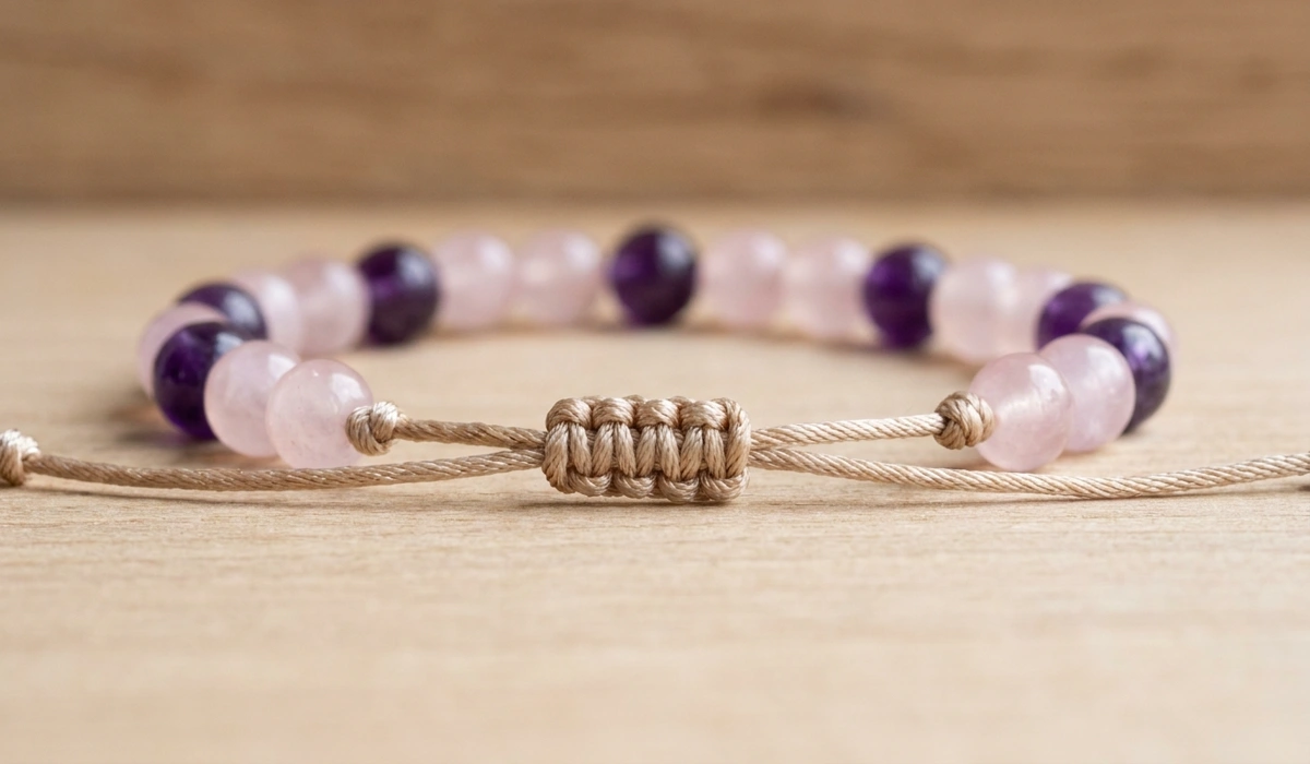 Spiritual Protection Bracelets for Children: A Guide to Safety, Crystals, and Meaning - Buddha Bodhis A close-up of a child-sized spiritual protection bracelet featuring small Rose Quartz and Amethyst beads with an adjustable safety cord.