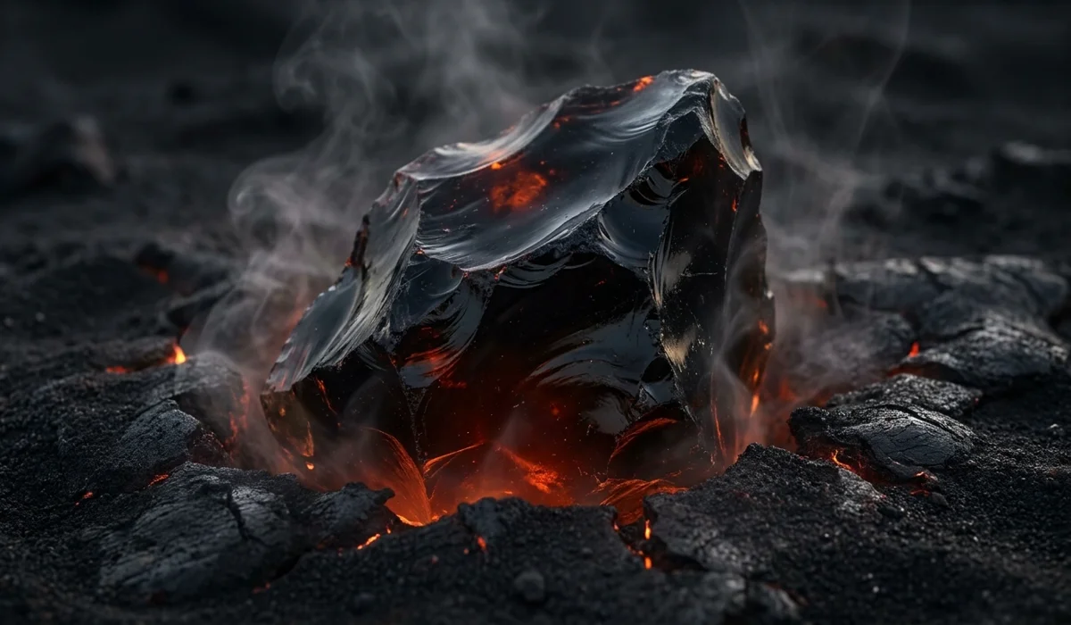 Spiritual Shielding: How to Use Black Obsidian for Energy Protection - Buddha Bodhis Raw Black Obsidian crystal in a volcanic setting, illustrating its origin as volcanic glass and its role as a spiritual shield.