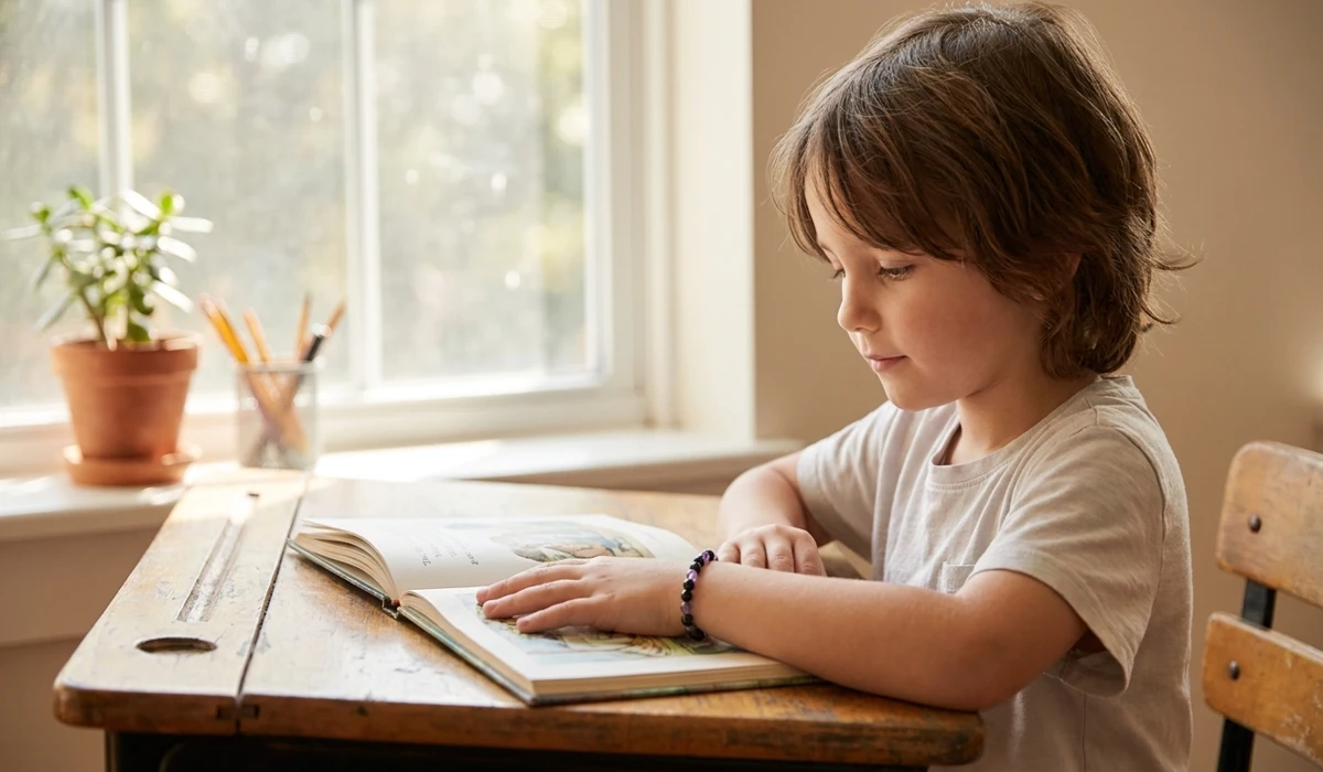 Feng Shui Protection Bracelets for Children: Safety, Rules, and Best Practices 2 - Buddha Bodhis A school-aged child wearing a grounding black tourmaline and amethyst bracelet for focus and emotional balance while studying.
