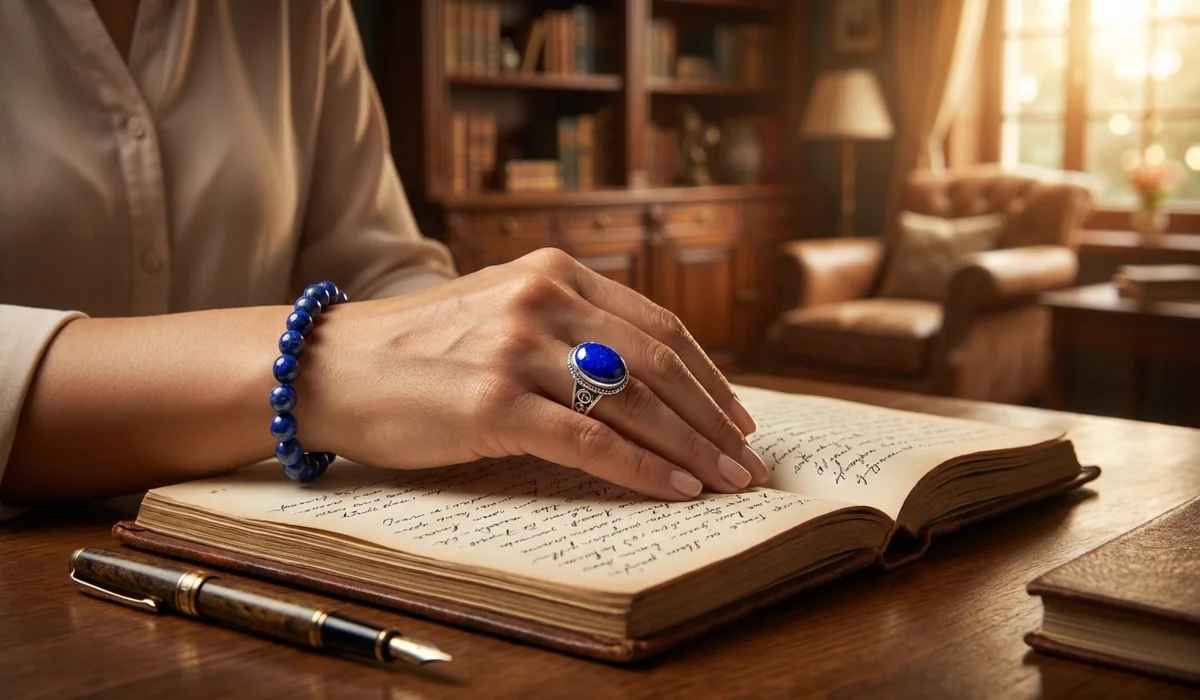 Lapis Lazuli Birthstone: Spiritual Meaning and History for September and December 2 - Buddha Bodhis Person wearing Lapis Lazuli jewelry while writing in a journal, symbolizing the stone of truth and communication.