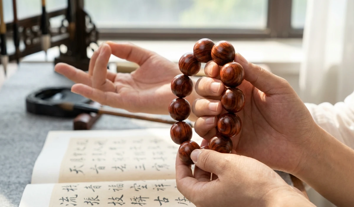 Huanghuali Wood and the Path to Stillness: Its Role in Taoist Meditation and Inner Alchemy 2 - Buddha Bodhis Practitioner wearing a Huanghuali wood bead bracelet for mindfulness and spiritual protection.