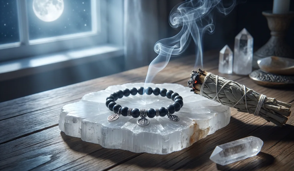 Passing Down Protection: What to Do When a Child Outgrows Their Protection Bracelet 4 - Buddha Bodhis A protection bracelet being cleansed on a selenite plate with sage smoke in the moonlight.