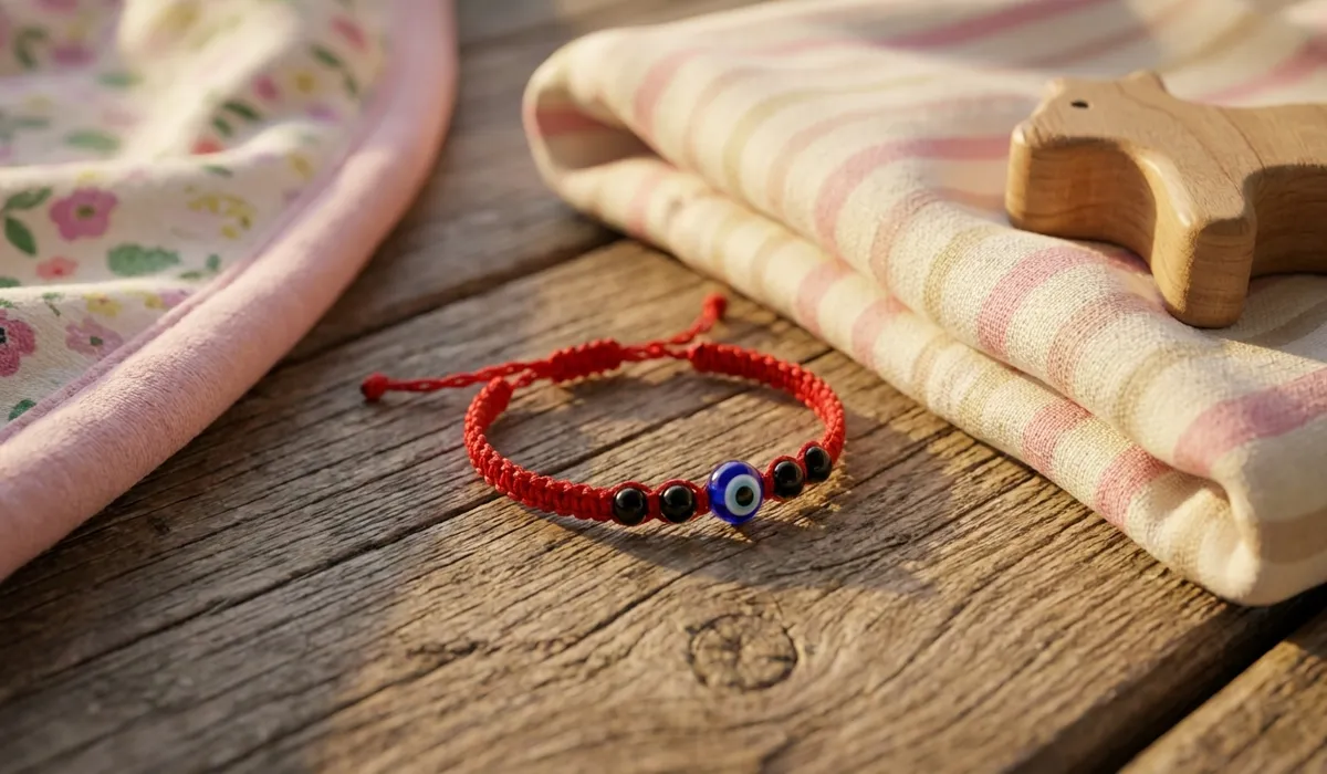 Passing Down Protection: What to Do When a Child Outgrows Their Protection Bracelet - Buddha Bodhis A small red string protection bracelet with an evil eye charm for children resting on a wooden table.