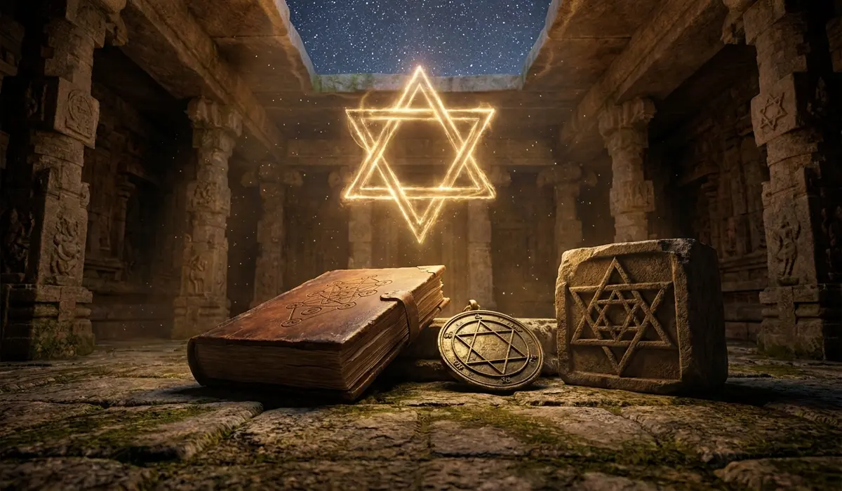 How to Use the Star of David as a Focal Point for Meditation - Buddha Bodhis Historical and mystical artifacts representing the ancient origins of the Star of David, including the Seal of Solomon and Vedic Shatkona symbols.