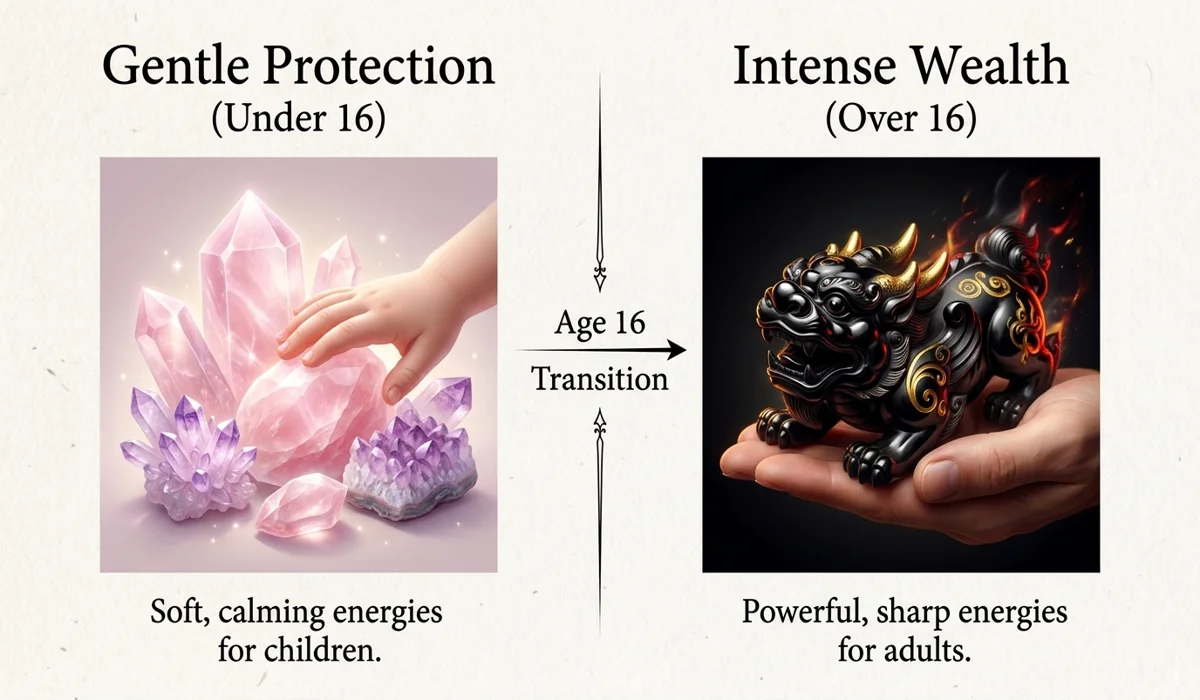 Feng Shui Protection Bracelets for Children: Safety, Rules, and Best Practices 3 - Buddha Bodhis Visual comparison between gentle protection stones like rose quartz and intense wealth symbols like Pixiu for different age groups.