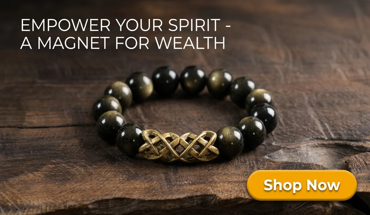 A Guide to Gold Sheen Obsidian: Enhancing Mental Clarity Through Meditation 3 - Buddha Bodhis Natural 12mm Gold Sheen Obsidian Bracelet for wealth and protection on a luxury wooden background with Shop Now button