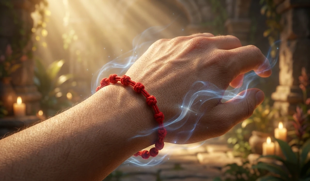 The Spiritual Significance of the Red String Bracelet: Why It Is Worn on the Receiving Hand - Buddha Bodhis Close-up of a traditional red string bracelet with seven knots worn on the left receiving hand, showing spiritual energy absorption.
