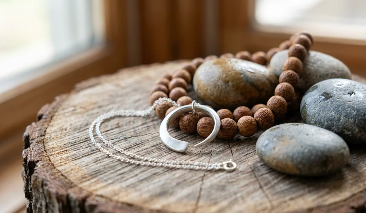 A Mindful Guide to Wearing Spiritual Jewelry with Intention - Buddha Bodhis Close-up of Zen spiritual jewelry featuring sandalwood beads and a silver Enso pendant on a wooden background, symbolizing simplicity and mindfulness.