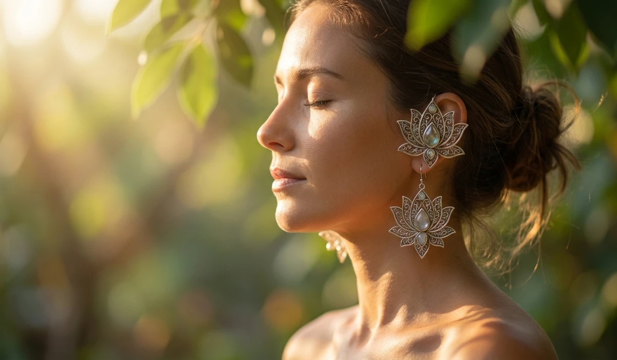 The Spiritual Meaning of Lotus Flower Earrings: A Symbol of Purity and Awakening 7 - Buddha Bodhis Close-up of a woman wearing lotus earrings as a symbol of mindfulness, inner strength, and peace.