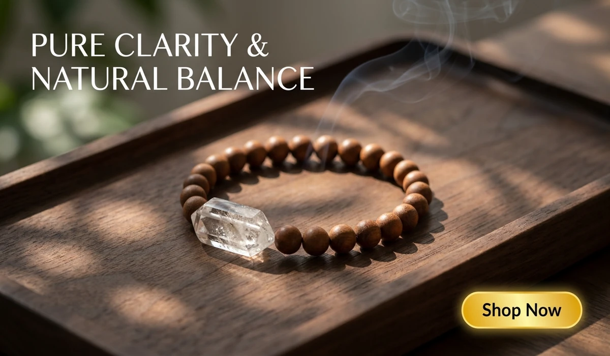 Huanghuali Wood and the Path to Stillness: Its Role in Taoist Meditation and Inner Alchemy 3 - Buddha Bodhis High-end Zen style Clear Quartz and Sandalwood Bracelet for clarity and calm, professional blog illustration with Shop Now button.
