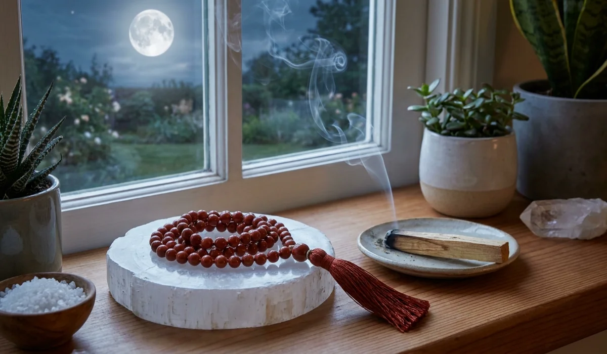 Red Jasper Mala Beads: Spiritual Meaning, Benefits, and Use in Meditation 4 - Buddha Bodhis Red Jasper mala beads being cleansed with Palo Santo smoke and a Selenite plate under moonlight for energetic charging.