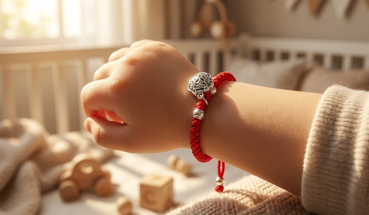 Feng Shui Protection Bracelets for Children: Safety, Rules, and Best Practices 1 - Buddha Bodhis Close-up of a child wearing a traditional Feng Shui red string bracelet with a silver peace buckle for spiritual protection.