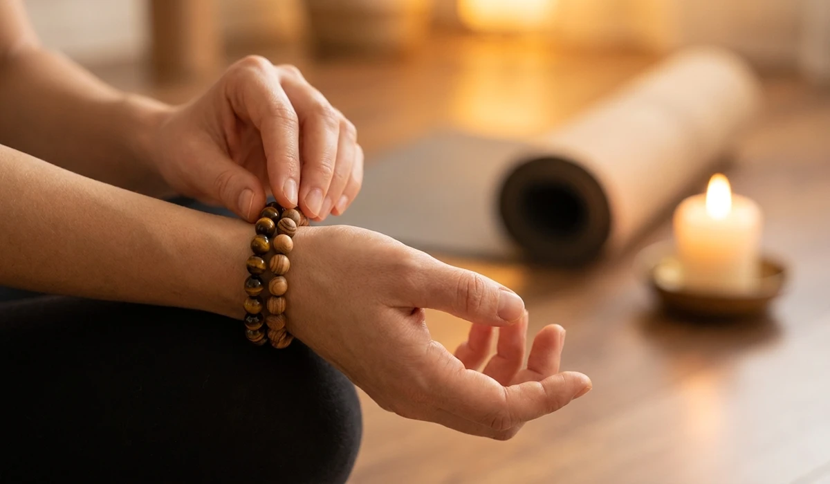 How to Use Spiritual Jewelry to Cultivate a Zen Mindset 2 - Buddha Bodhis A person wearing a grounding stone bracelet on the left hand as a mindfulness tool during a daily ritual.
