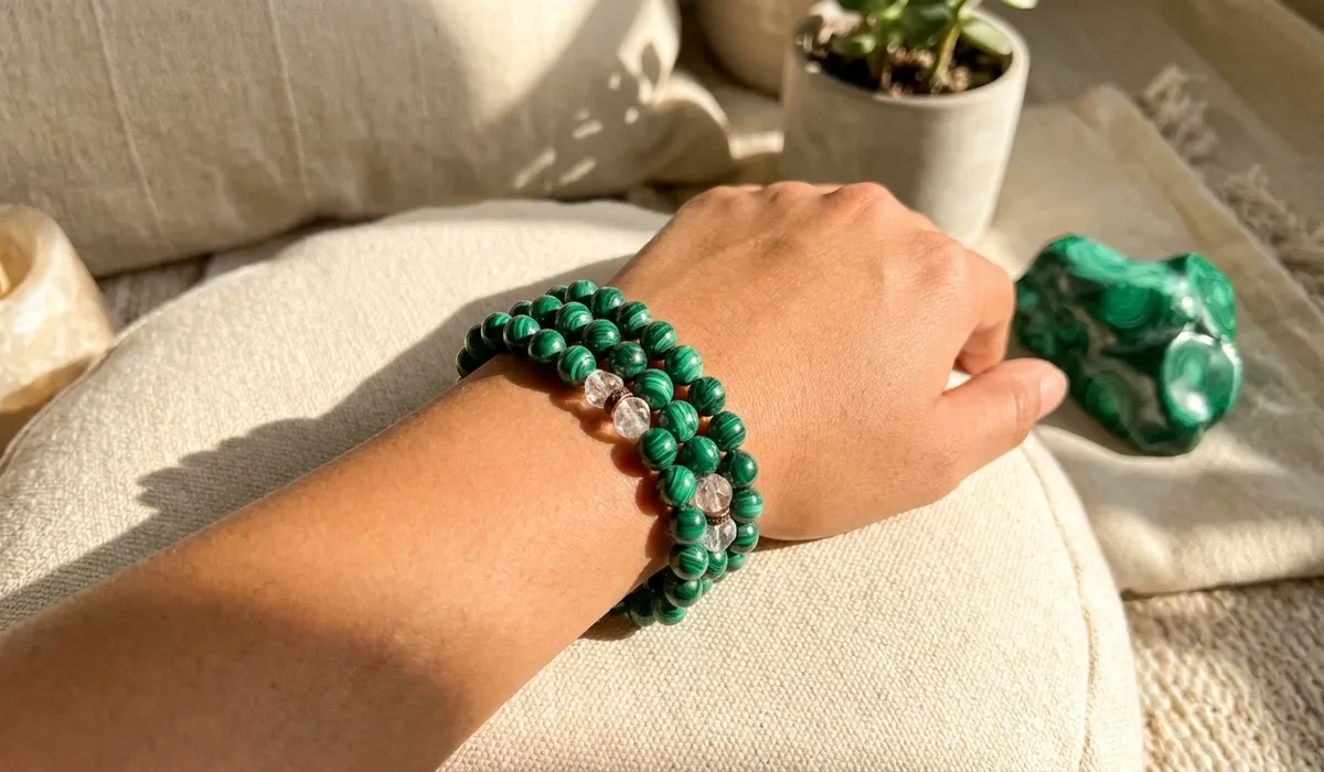 Is Malachite Jewelry Safe to Wear? A Complete Guide to Handling and Safety 2 - Buddha Bodhis A malachite beaded bracelet worn on the left wrist for spiritual energy and protection.