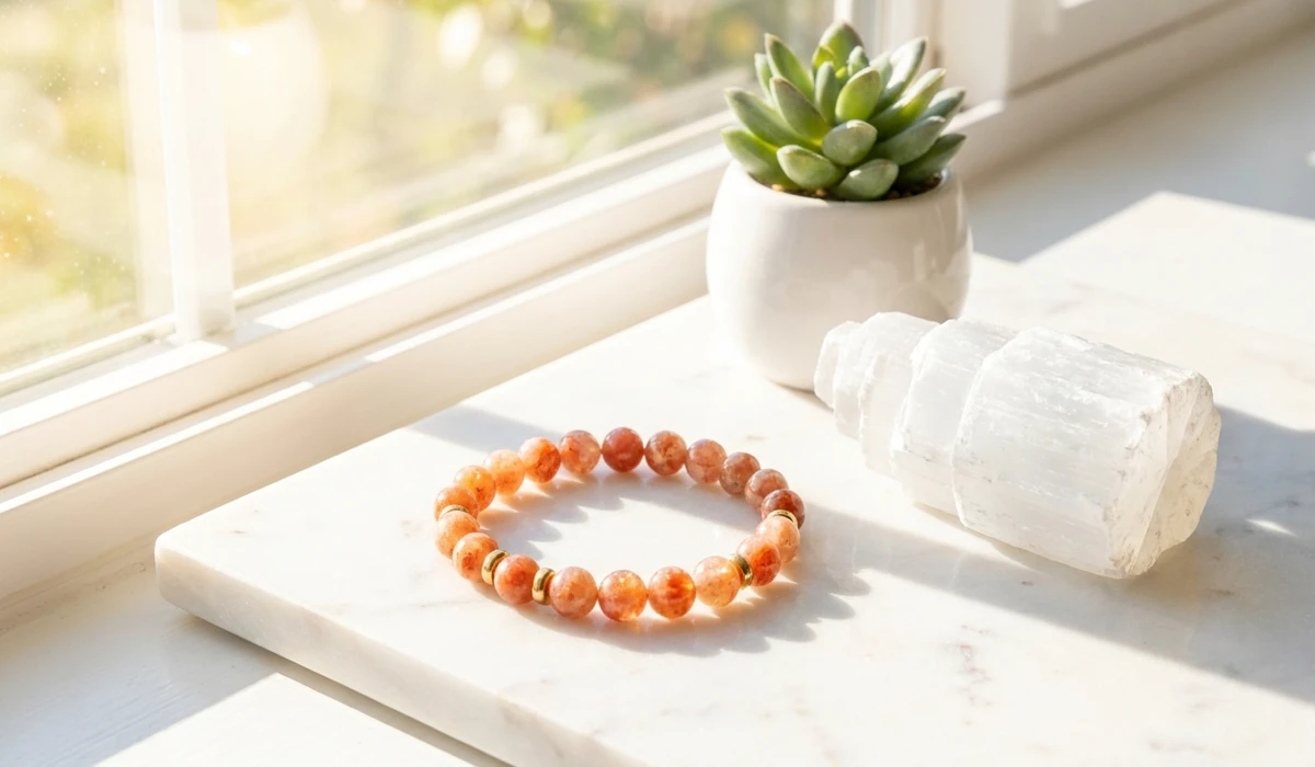 How to Identify Real Sunstone: Telling the Difference Between Natural Crystals and Goldstone 4 - Buddha Bodhis A sunstone beaded bracelet being charged in morning sunlight on a windowsill next to a selenite plate.
