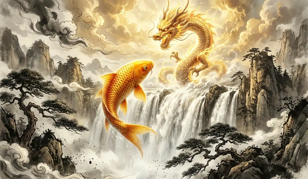 The Spiritual Meaning of Two Koi Fish: Symbolism of Harmony, Love, and Yin Yang - Buddha Bodhis The legend of the Dragon Gate showing a golden koi fish transforming into a celestial dragon while leaping over a waterfall.