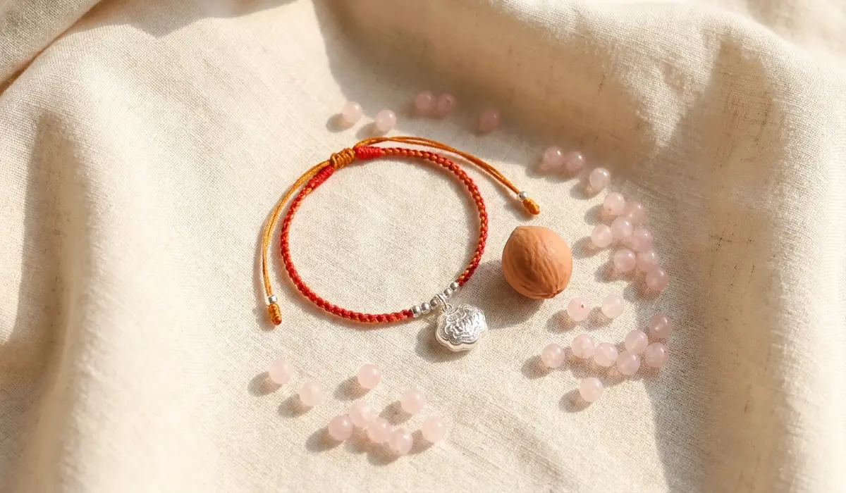 Feng Shui Protection Bracelets for Children: Safety, Rules, and Best Practices - Buddha Bodhis A collection of child-friendly Feng Shui accessories including a red string bracelet and silver longevity lock on soft linen.