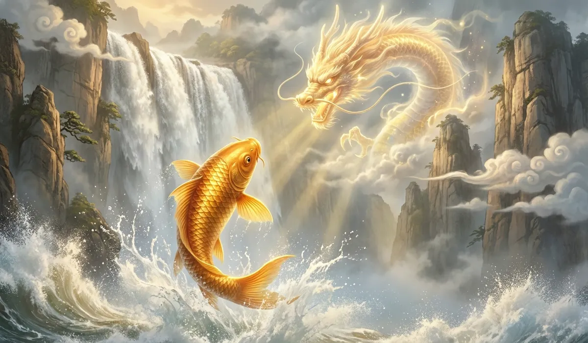 Swimming Upstream: The Symbolic Meaning of Koi Fish for Resilience and Luck - Buddha Bodhis A golden Koi fish leaping over the legendary Dragon Gate waterfall to transform into a dragon, symbolizing resilience and success.