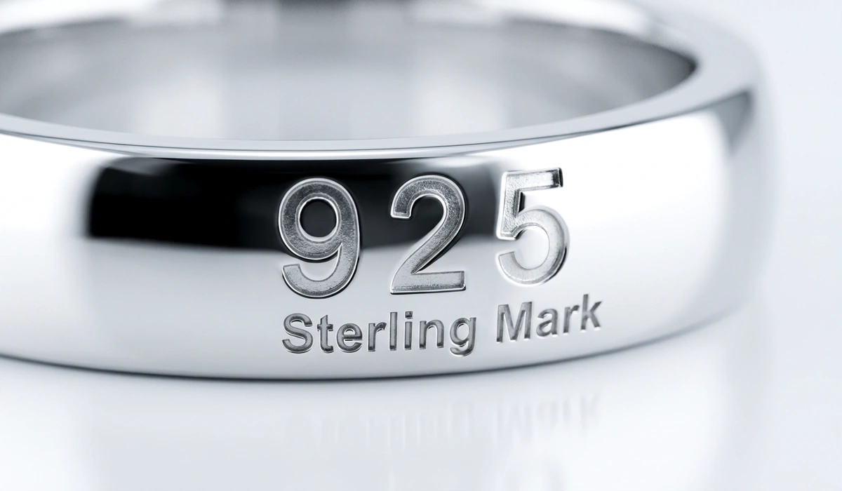The Gentle Connection: Why Sterling Silver is the Ideal Choice for Sensitive Skin and Spiritual Practice - Buddha Bodhis Close-up of 925 sterling silver hallmark stamp on polished hypoallergenic jewelry, emphasizing purity and skin-safe materials.