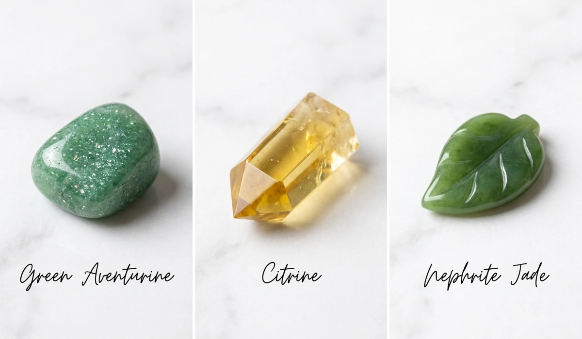 Green Aventurine: Spiritual Benefits for Luck, Wealth, and Opportunity 4 - Buddha Bodhis Comparison of Green Aventurine, Citrine, and Jade crystals for manifesting prosperity and luck.