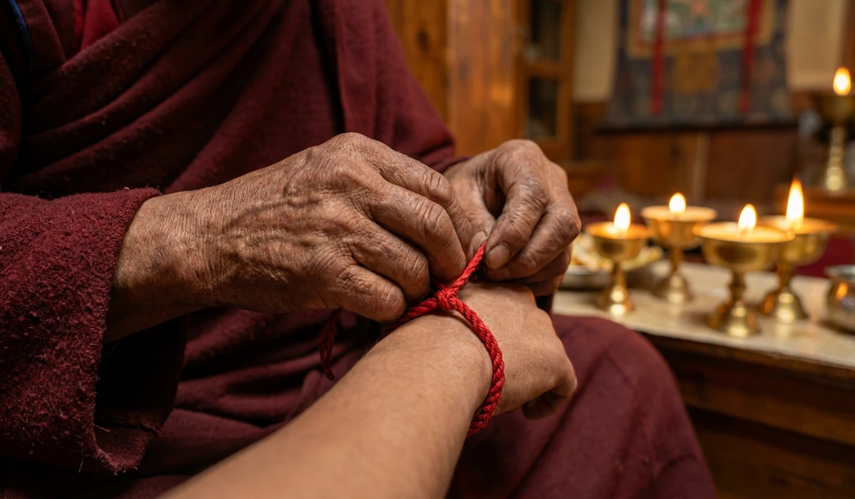 Can You Wear a Tibetan Blessed Bracelet If You're Not Buddhist? Meaning & Etiquette - Buddha Bodhis A Tibetan monk hand-tying a sacred red thread blessed bracelet inside a monastery.