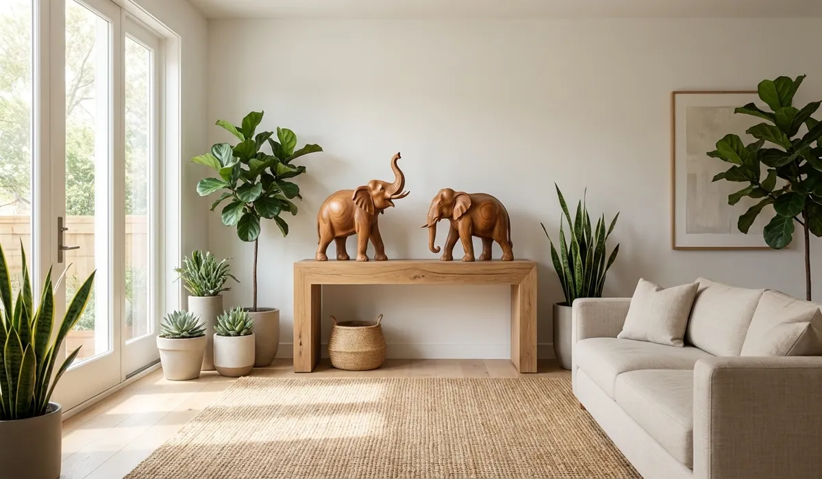 The Elephant as a Guardian of Wisdom: Spiritual Meanings and Home Decor Placement 4 - Buddha Bodhis Modern minimalist home decor featuring elegant wooden elephant statues on a console table for protection and inviting good luck.
