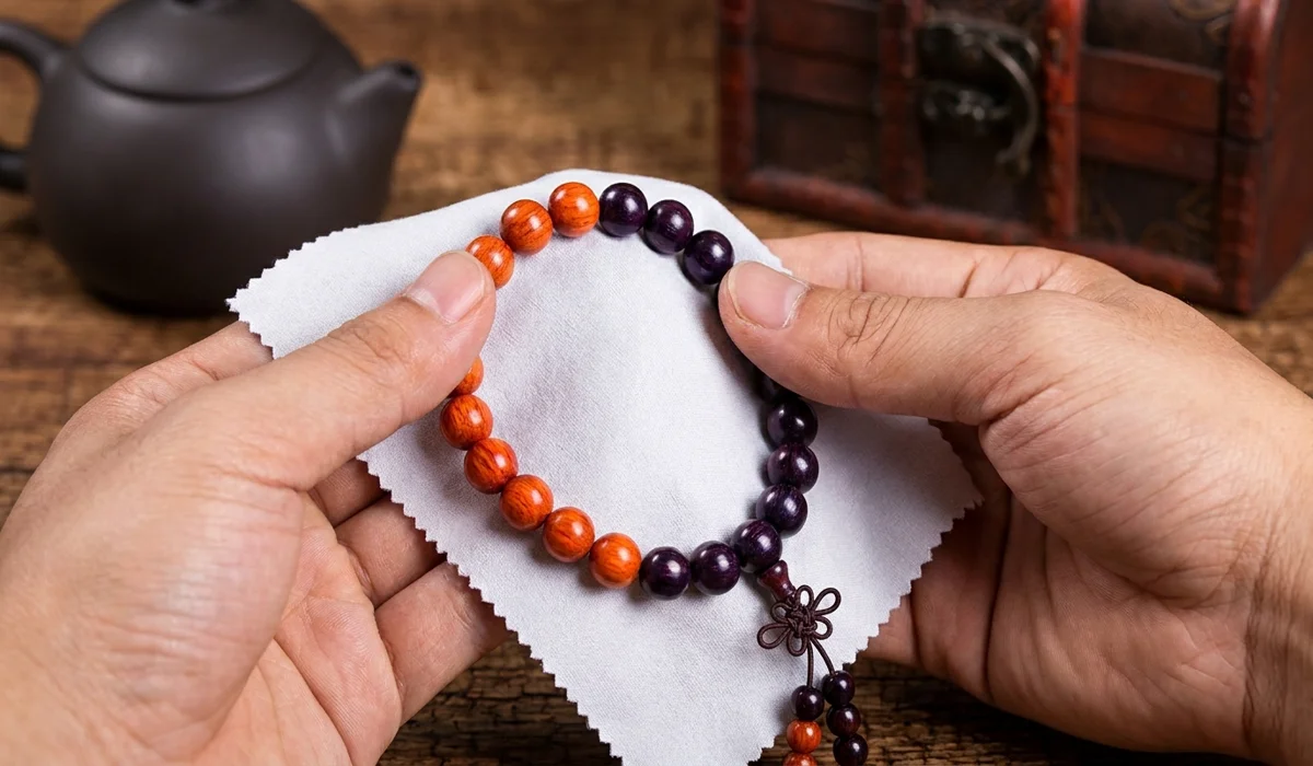 How to Identify Authentic Small Leaf Red Sandalwood: A Practical Guide for Enthusiasts 4 - Buddha Bodhis Polishing Small Leaf Red Sandalwood beads to maintain the natural dark purple patina.