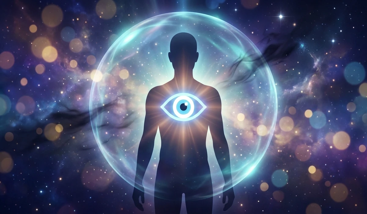 Can You Wear an Evil Eye Pin Inside Your Clothes? Rules for Hidden Protection 1 - Buddha Bodhis Conceptual art showing the Evil Eye symbol acting as a protective energetic shield around a person's aura.