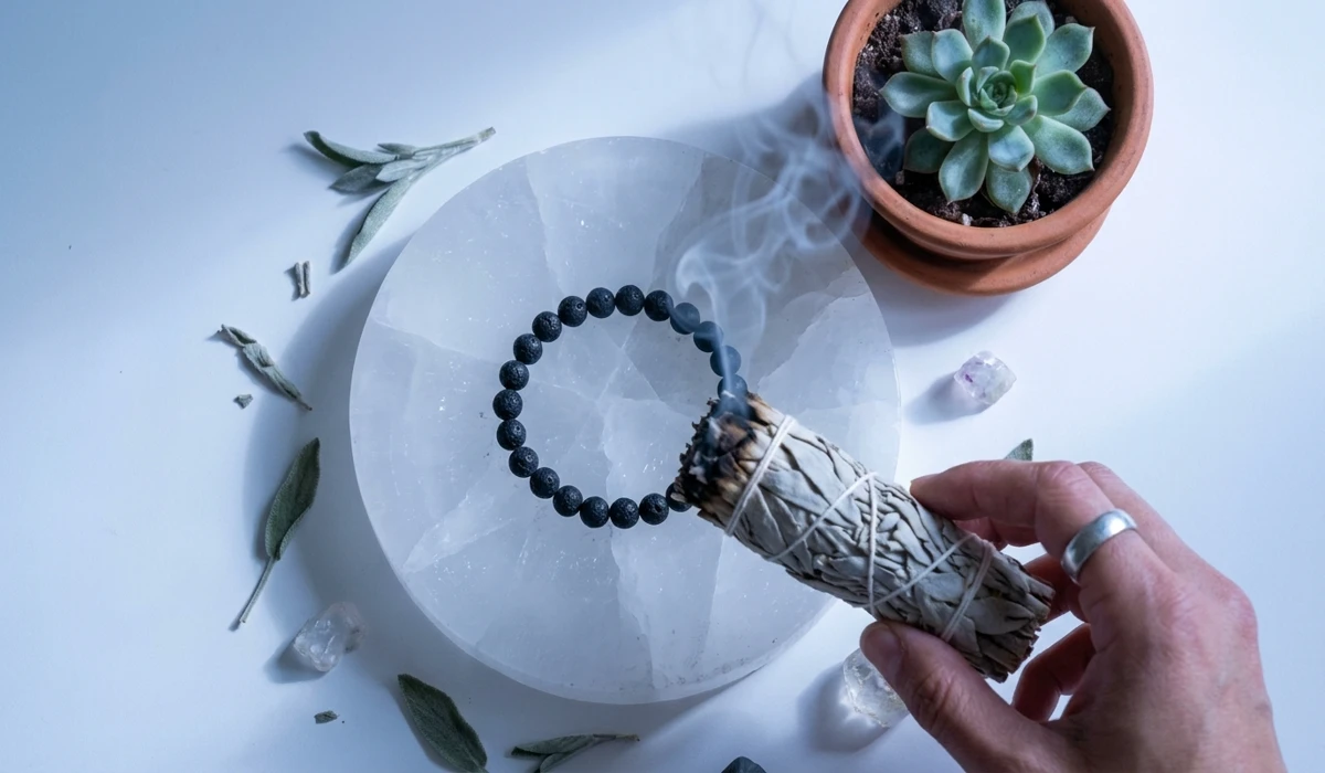How to Use and Care for Your Essential Oil Lava Stone Bracelet 3 - Buddha Bodhis Lava stone bracelet being cleansed and charged on a selenite plate with sage for maintenance and energy clearing.