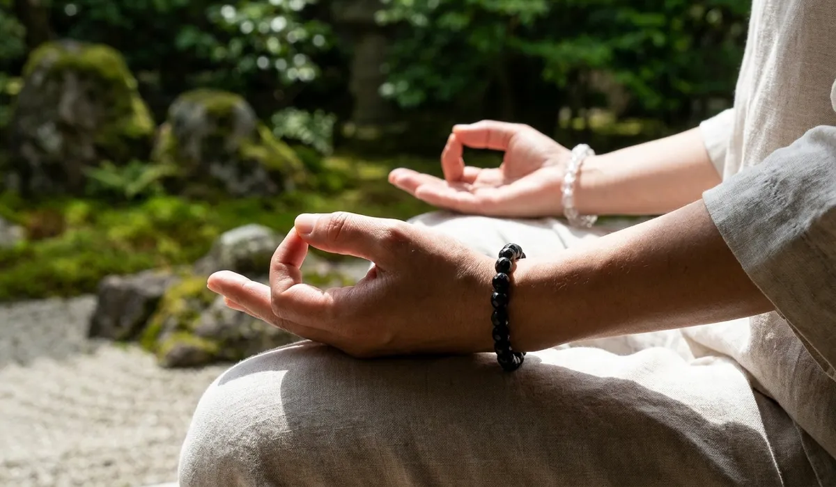 A Mindful Guide to Wearing Spiritual Jewelry with Intention 2 - Buddha Bodhis A person wearing spiritual bracelets on both hands in a meditation pose, illustrating the Feng Shui logic of receiving and giving energy.