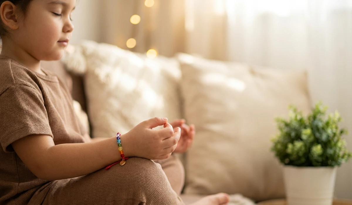 How to Cleanse and Charge Your Child’s Spiritual Jewelry 1 - Buddha Bodhis A child practicing mindfulness and intention setting while wearing a colorful chakra spiritual bracelet on the left wrist.