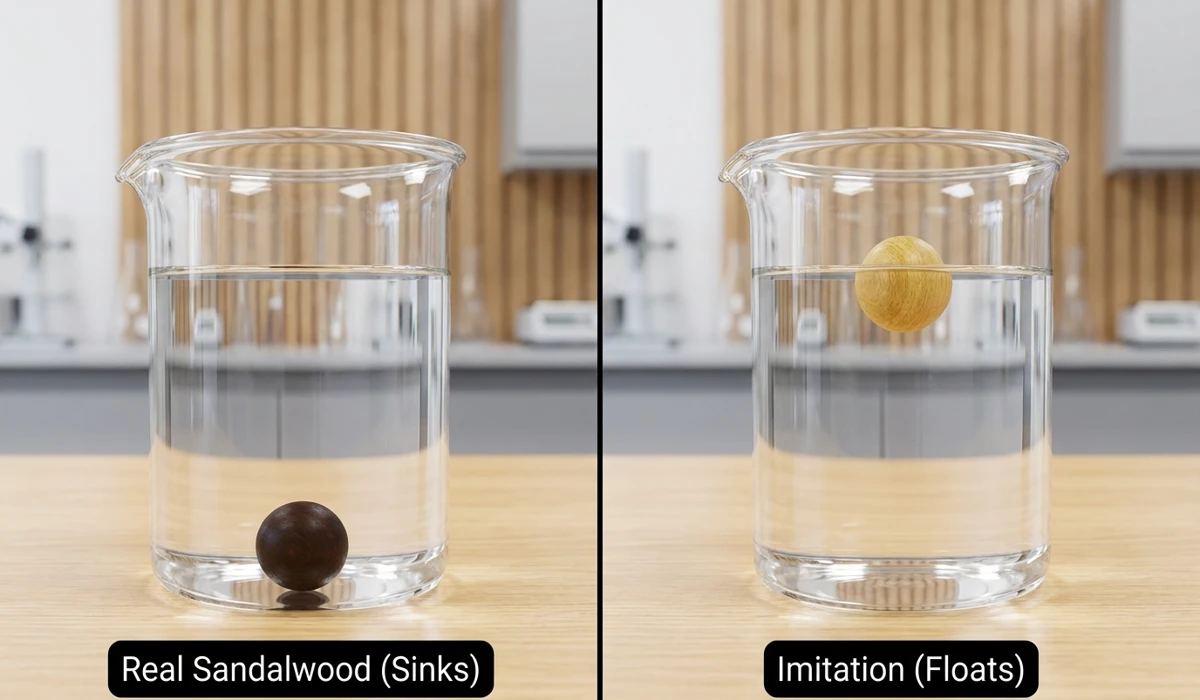 How to Identify Authentic Small Leaf Red Sandalwood: A Practical Guide for Enthusiasts 1 - Buddha Bodhis Authentic Zitan wood sinking in water compared to fake sandalwood floating.
