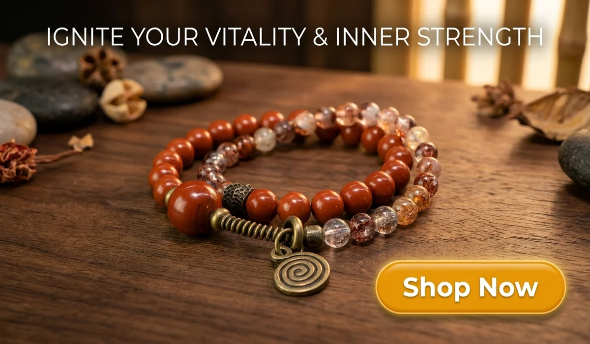 Red Jasper Mala Beads: Spiritual Meaning, Benefits, and Use in Meditation 3 - Buddha Bodhis High-end product display of a Red Jasper and Red Phantom Quartz bracelet for vitality and grounding, featuring a Shop Now button for e-commerce blog.