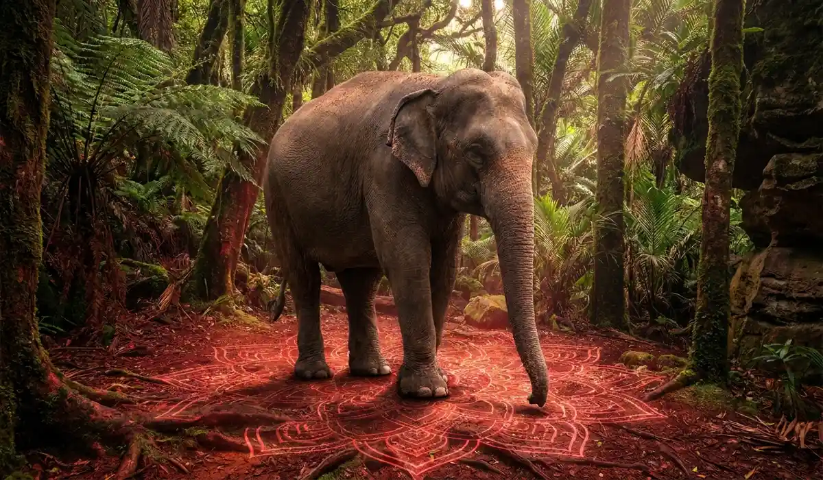 The Elephant as a Guardian of Wisdom: Spiritual Meanings and Home Decor Placement 2 - Buddha Bodhis An elephant in a forest with glowing red Root Chakra symbols, representing grounding energy, stability, and the philosophy of non-violence.