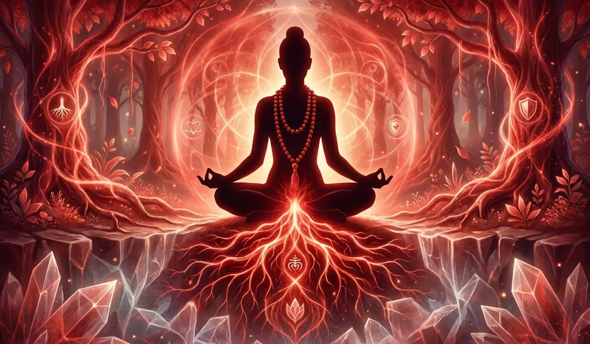 Red Jasper Mala Beads: Spiritual Meaning, Benefits, and Use in Meditation 1 - Buddha Bodhis Symbolic representation of Red Jasper mala beads grounding the Root Chakra energy into the earth during spiritual practice.