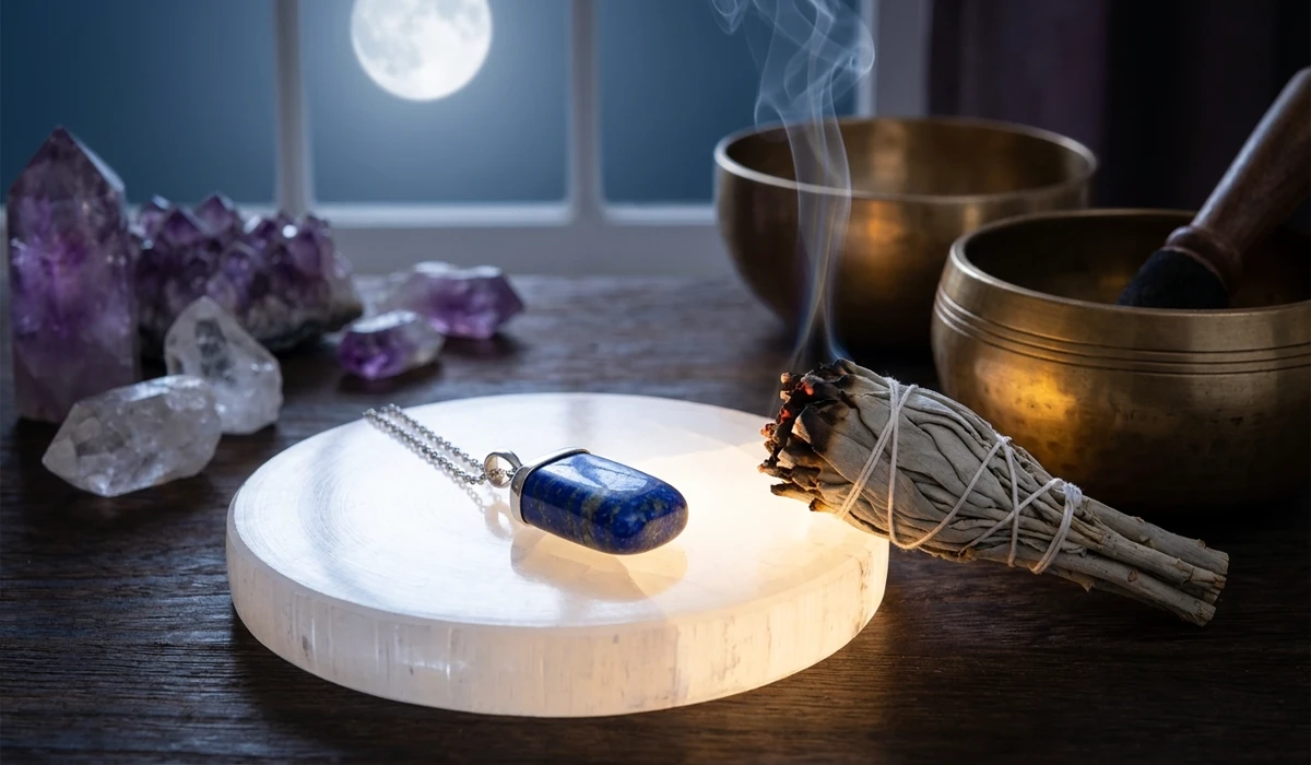 Lapis Lazuli Birthstone: Spiritual Meaning and History for September and December 5 - Buddha Bodhis Lapis Lazuli jewelry being cleansed on a Selenite plate with sage smoke and a singing bowl.
