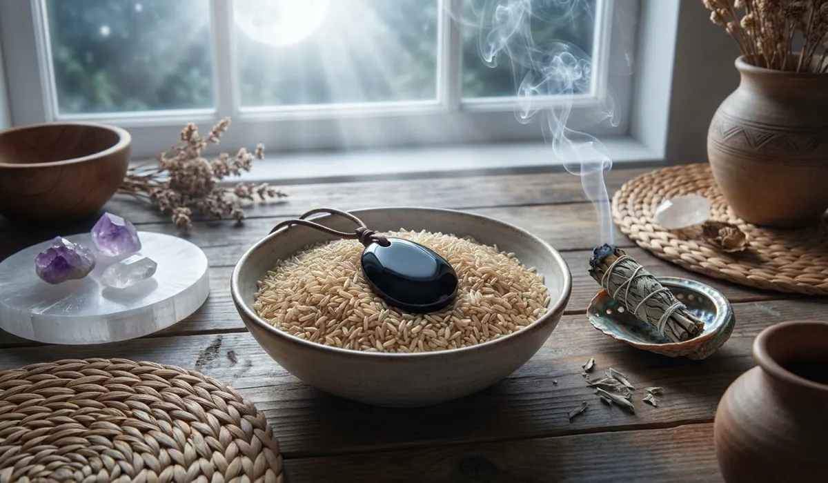 Spiritual Shielding: How to Use Black Obsidian for Energy Protection 4 - Buddha Bodhis Methods for cleansing and charging Black Obsidian using sage smoke, brown rice, and moonlight to maintain its protective power.