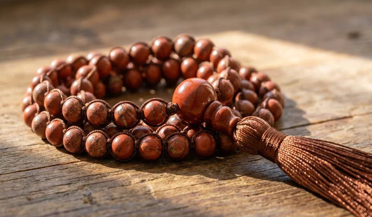 Red Jasper Mala Beads: Spiritual Meaning, Benefits, and Use in Meditation - Buddha Bodhis Close-up of a 108-bead Red Jasper mala with a silk tassel, showcasing its natural earthy texture and deep red color used for meditation.