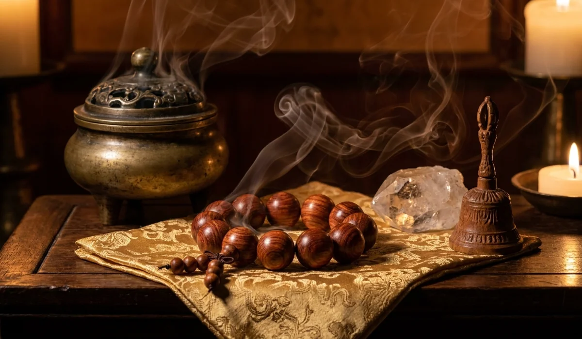 Huanghuali Wood and the Path to Stillness: Its Role in Taoist Meditation and Inner Alchemy 4 - Buddha Bodhis Cleansing and charging Huanghuali wood beads with incense smoke to maintain spiritual vitality.