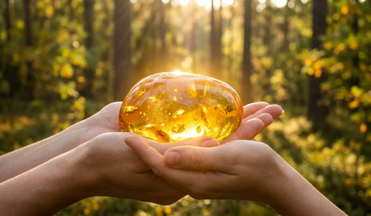 How to Identify Real Baltic Amber: A Guide to Spotting Plastic Imitations 1 - Buddha Bodhis A person holding a glowing Baltic amber stone in sunlight to represent its spiritual connection to solar energy and grounding.