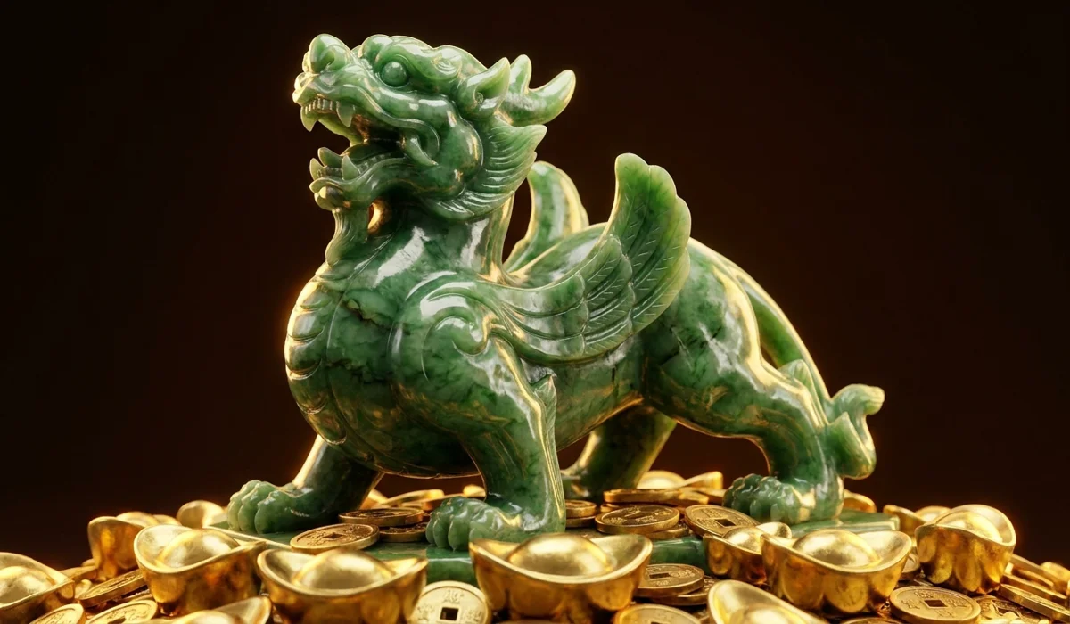 The Meaning of Jade Pixiu: A Symbol of Wealth, Health, and Spiritual Protection - Buddha Bodhis A hand-carved green jade Pixiu statue with a dragon head and lion body sitting on gold sycee, symbolizing wealth and protection.