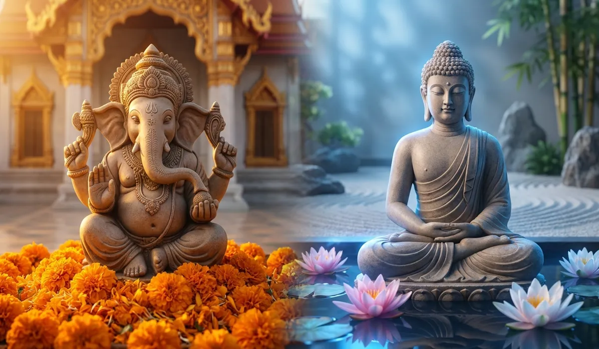 Ganesha and Buddha Statues: Understanding Their Symbolism and Placement for Your Home - Buddha Bodhis Ganesha and Buddha statues side-by-side representing the balance between external success and internal peace.