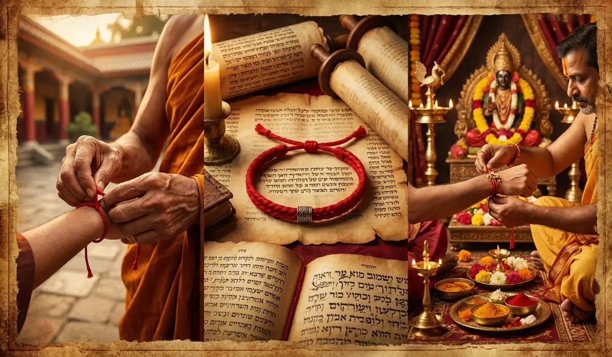 The Spiritual Significance of the Red String Bracelet: Why It Is Worn on the Receiving Hand 1 - Buddha Bodhis A visual montage of the red string bracelet's origins in Buddhism, Kabbalah, and Hinduism traditions.